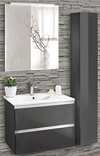 Mobile da bagno con pensile a destra - Componibile bagno 2 cassetti con maniglia a gola, lavabo e specchio con luce a Led cm. 60 x 46 x 51h. (STMB)