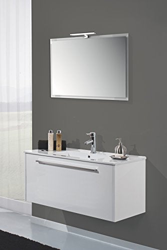 Yellowshop - Mobile Mobiletto Cm 70 da Bagno Sospeso in Legno Ad 1 Cestone Completo di Specchiera Lampada Luce LED E Lavabo in Ceramica Modello Hawaii Varie Colorazioni (Bianco Lucido)