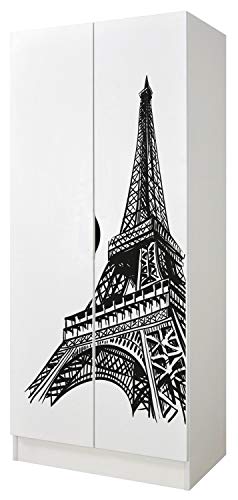 leomark Bianco Armadio funzionale in Legno - Roma - con ante scorrevoli, mobiletto per bambini, Stile scandinavo, dim: 161,5 (Altezza) cm (Torre Eiffel)