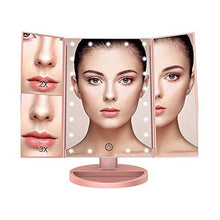 PULLEY Specchio da trucco con luci, triplo specchio illuminato, con ingrandimento 1X/3X/2X, rotazione di 180°, specchio di bellezza portatile illuminato (oro rosa