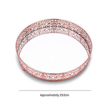Vassoio portaoggetti per trucco dorato rosa Scatola portaoggetti in vetro pizzo rotondo Scatola portaoggetti per cosmetici da tavolo Vassoio per gioielli profumo per rossetto, oro rosa, 29,5 cm