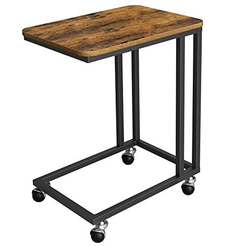 VASAGLE Tavolino da Letto con Ruote, Tavolino Mobile da Salotto, Comodino, Carrello, Soggiorno Camera da Letto, Struttura in Acciaio, Montaggio Facile, Marrone Vintage e Nero LNT50X