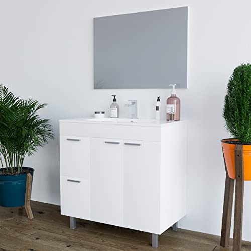 Mobile bagno 80 cm con lavabo in ceramica e specchio con cassetti bianco Fiordaliso