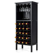 RELAX4LIFE Portabottiglie per Vino in Legno, Scaffale per Minimo 20 Bottiglie di Vino con Appendi Calici, Cantinetta con Ripiani e Porta Calici per Vino, Champagne (Nero)