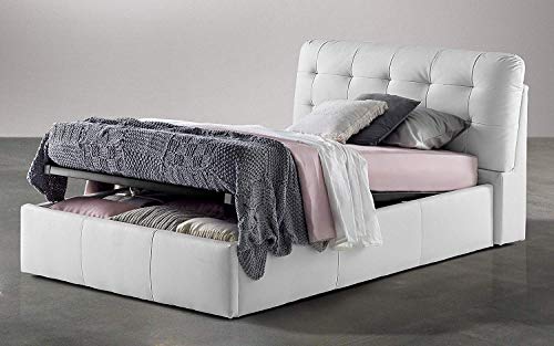Dafne Italian Design Letto Una Piazza e Mezza con Contenitore, rivestitio in Similpelle Bianca, testiera Imbottita in Stile capitonn?, Rete Ortopedica a doghe in Legno 143 x 224 x 103h cm