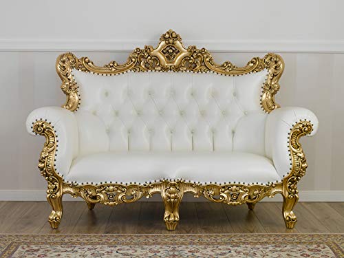 SIMONE GUARRACINO LUXURY DESIGN Divano Boutique Stile Barocco Francese Foglia Oro Ecopelle Bianca Bottoni Crystal SW