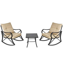 Outsunny Set Tavolino e Sedie da Giardino a Dondolo con Cuscini, Ripiano in Vetro e Struttura in Acciaio Beige