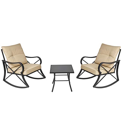 Outsunny Set Tavolino e Sedie da Giardino a Dondolo con Cuscini, Ripiano in Vetro e Struttura in Acciaio Beige