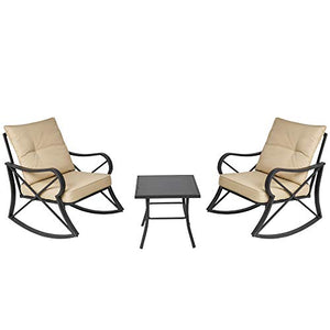 Outsunny Set Tavolino e Sedie da Giardino a Dondolo con Cuscini, Ripiano in Vetro e Struttura in Acciaio Beige