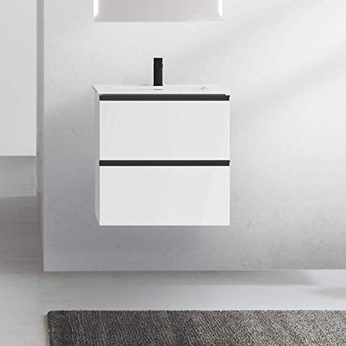 Randalsa Mobili KOL 60 cm | Laccato Bianco | 60 x 60 x 45 cm | Mobile con 2 cassetti + lavabo in Ceramica