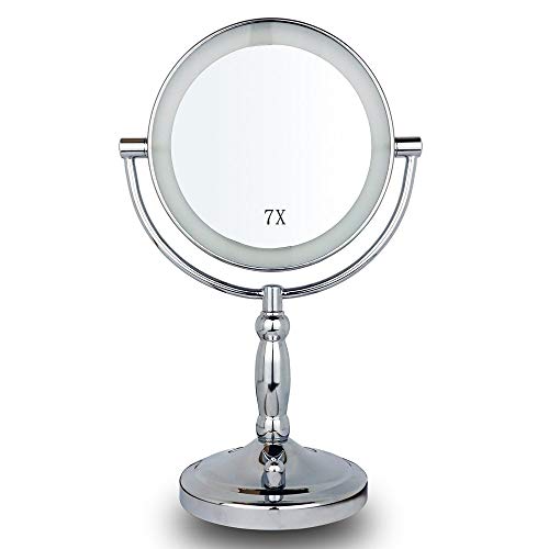 Specchio per trucco illuminato ingranditore 7X, specchio cosmetico a LED con interruttore regolabile per luce, specchietti ovali bifacciali luminosi da 7 pollici per bagno, camera da letto, tavolo
