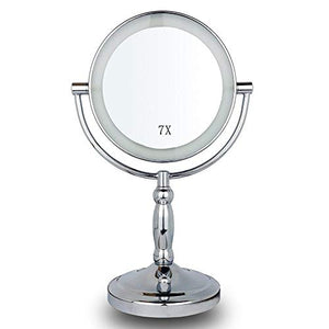 Specchio per trucco illuminato ingranditore 7X, specchio cosmetico a LED con interruttore regolabile per luce, specchietti ovali bifacciali luminosi da 7 pollici per bagno, camera da letto, tavolo