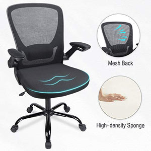 Komene - Sedia da ufficio ergonomica per casa, ufficio, in rete, con braccioli ribaltabili, supporto lombare, grande seduta, sedia da scrivania con ruote, 136 kg, schienale centrale (Nero)