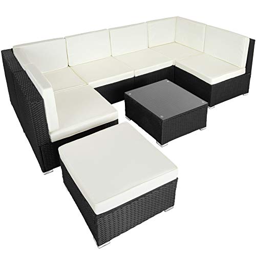 TecTake 800762 Set di Salottino in Rattan, 6 Sedili 1 Sgabello 1 Tavolin con Piano, Resistente alle Intemperie, Viti in Acciaio Inox (Nero)