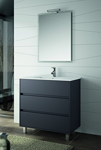 Yellowshop - Mobile Mobiletto da Bagno in Legno Cm 80 Completo di Lavabo in Porcellana E Specchiera Arredo Moderno Modello Arenys 800 (Grigio Opaco)