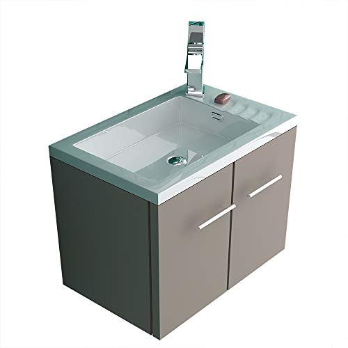 Alpenberger Set completo di mobili da bagno, 50 x 33 cm, lavabo con troppopieno integrato in ghisa minerale + mobiletto con funzione Softclose + specchio con illuminazione a LED e interruttore touch (Taupe)