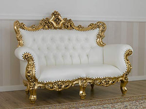 SIMONE GUARRACINO LUXURY DESIGN Divano Boutique Stile Barocco Francese Foglia Oro Ecopelle Bianca Bottoni Crystal SW