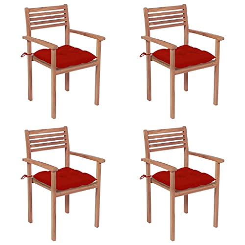 vidaXL Sedie da Giardino 4 pz con Cuscini Rossi in Massello di Teak