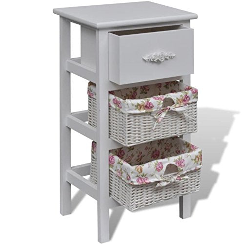 Tidyard Armadio,Cassettiera,Comodino con Cestini,Comò con Cassetto in Legno Bianco,Mobiletto Comodino Stile Country Bianco in Legno di Pino con 2 cestini