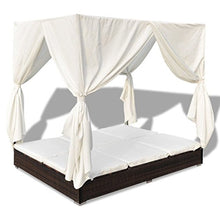 Festnight Lettino Prendisole Letto Matrimoniale Prendisole Reclinabile a Baldacchino con Tende in Polirattan Marrone/Nero da Mare/Picsina/Giardino/Patio per Esterni 197 x 140 x 180 cm