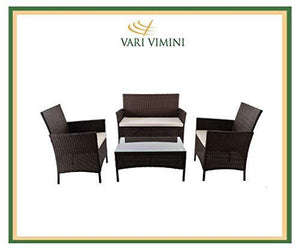 Varì Vimini - Salotto Principe da giardino in Metallo e Polyrattan colore marrone. Composto da divano 2 posti con cuscino, 2 poltrone con cuscini e un tavolino in vetro e polyrattan - Arredi Casa