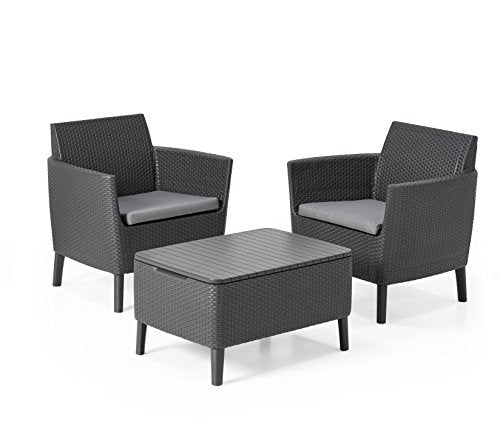 Keter Salemo Balcony Set, Set Mobili da Giardino in Rattan con 2 Poltrone e Tavolino Porta Cuscini, Grafite