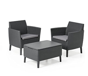 Keter Salemo Balcony Set, Set Mobili da Giardino in Rattan con 2 Poltrone e Tavolino Porta Cuscini, Grafite