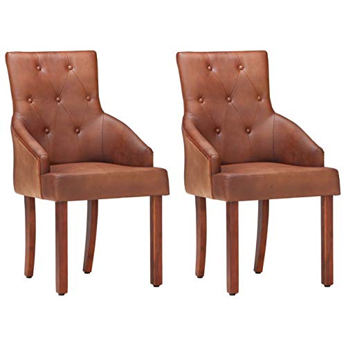 Festnight Sedie Sala da Pranzo Poltrona con Braccioli per Soggiorno in Vera Pelle di Capra Gambe in Legno 52 x 60 x 95 cm Marrone