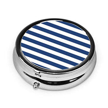 Scatola rotonda per medicina portatile, mini pillole in metallo, dispenser per pillole, borsa da tasca, regalo da viaggio, blu navy e bianco a righe