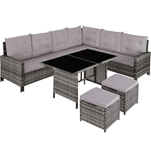 TecTake 800824 Set Mobili in Polirattan, Set Divani con Tavolo, Posti e Cuscini, Casa e Cucina, Mobili da Pranzo per Esterno, Arredamento da Giardino (Grigio) - Arredi Casa