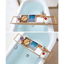 Vassoio Telescopico Vasca, Massello Antiscivolo Stoccaggio Caddy Vasca Basamento iPad Lettura Vino Vetro Candela Ponte Vasca, 53-90x20cm, Adatto per Lo Stoccaggio Bagno