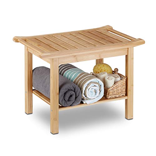 Relaxdays Sgabello, Mobiletto da Bagno in bambù, Ripiano, Alzatina, Pouf, in Legno, HxLxP: 45 x 66 x 40 cm, Naturale, bambú, 1 pz