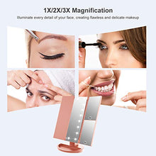 WEILY Specchio di Vanity Trifold dello specchio di trucco illuminato con l'ingrandimento di 1X/2X/3X, le notti naturali del LED, lo schermo di tocco, lo specchio caricabile (Oro Rosa)