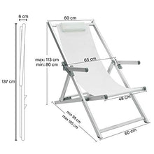 Sedia sdraio in alluminio prendisole da giardino, terrazzo e spiaggia con telo traspirante in textilene bianco con cuscino poggiatesta e braccioli reclinabile 4 posizioni