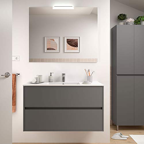 Yellowshop - Mobile Mobiletto da Bagno Sospeso in Legno Cm 100 Completo di Specchiera Lampada LED E Lavabo in Porcellana Arredo Modello Noja 1000