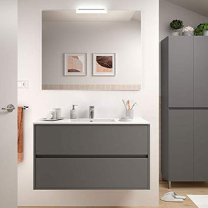 Yellowshop - Mobile Mobiletto da Bagno Sospeso in Legno Cm 100 Completo di Specchiera Lampada LED E Lavabo in Porcellana Arredo Modello Noja 1000