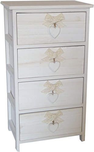 King Home C656114 Cassettiera 4 Cassetti con Cuore Washed in Legno di Paulownia, Bianco