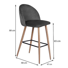 “Nellie”, sgabello da bar con schienale, in velluto grigio, blu, rosa (a scelta), adatto anche per la sala da pranzo e la cucina | altezza della seduta: 65 o 75 cm