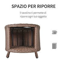 Outsunny Tavolino da Giardino Rotondo con Vano Portaoggetti in Rattan PE e Ripiano in Vetro, 51x51x42cm Marrone