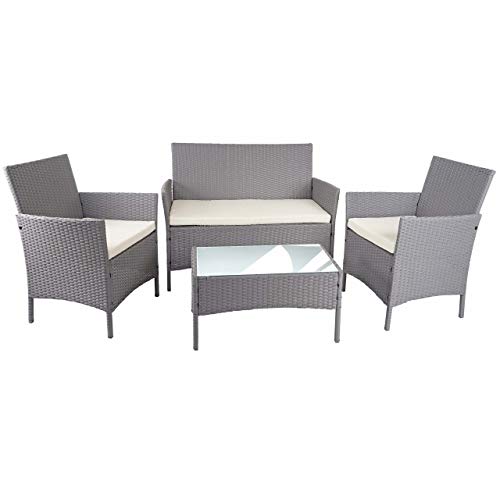 Mendler Salottino da Esterno Giardino HWC-D82 polyrattan Grigio con Cuscini Avorio