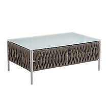 Meubletmoi - Tavolino da giardino in alluminio grigio, textilene intrecciato grigio e piano in vetro temperato da 8 mm, Jiji