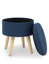 Suhu Puffo Sgabello in Tessuto Pouf Ottoman Contenitore Rotondo Pouff Poggiapiedi Salotto Puff per Bambini Piedi in Legno Blu