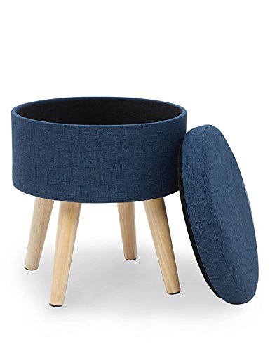 Suhu Puffo Sgabello in Tessuto Pouf Ottoman Contenitore Rotondo Pouff Poggiapiedi Salotto Puff per Bambini Piedi in Legno Blu