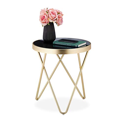 relaxdays Tavolino Rotondo da Soggiorno, in Metallo & Vetro, Grazioso, Elegante, Design-Retrò, HD 46x42 cm ca, Nero-Oro, vetro, acciaio, 1 Pz