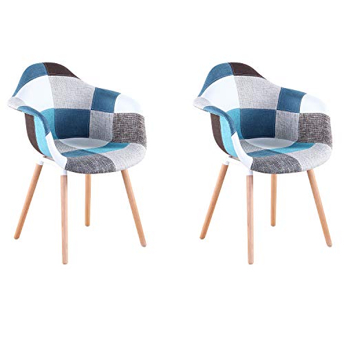 Set di 2 poltrone patchwork multicolore in tessuto di lino per il tempo libero Soggiorno Sedie ad angolo Sedie da reception con schienale morbido cuscino (Blu)