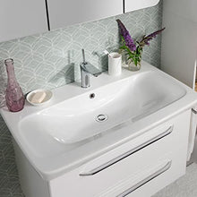 Fackelmann Set di mobili da bagno bianco lucido, 3 pezzi Lavandino in ceramica da appendere Milano 100 cm & specchio da bagno a LED