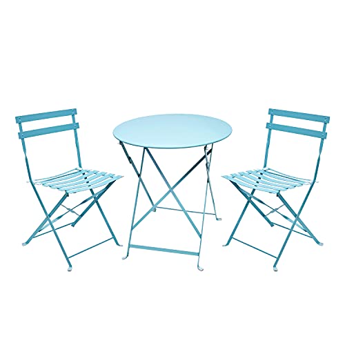 Amagabeli Set da Bistrot 1 Tavolo tavolino(H90 x D60cm) e 2 Sedie (H83 x W42 x D38cm) arredi da Balcone in Pieghevole Giardino Veranda e terrazza Set di Arredamento per Esterni in antiruggine Azzurro