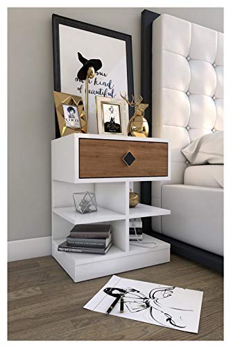 WSZMD Tavolo Comodino Comodino Bianco E Rovere Singolo Cassetto con Mensole Organizzatore di Stoccaggio Realizzato in Tavola da Comodino in Turchia