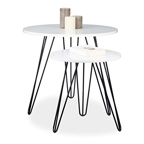Relaxdays set 2 pezzi tavolino salotto rotondo legno e metallo HxD 52x60 cm per divano, soggiorno, laccato lucido bianco