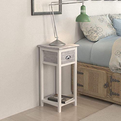 GOTOTOP Comodino con 1 cassetto, tavolo da notte con punta di divano, in legno, moderno, armadio portaoggetti per camera, soggiorno, corridoio, ufficio, grigio/bianco